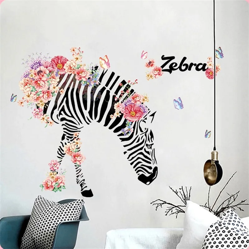 

Large Blossom Flower Horse Zebra wall sticker Adesivo De Parede DIY Wall Stickers Abstract Art Decor Animal Stickers Decorations