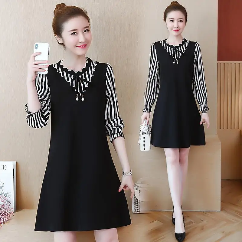

Autumn Women Stripe Print Dress Ladies Vestidos Long Sleeve T-Shirt Dress Patchwork Dress Ladies Robe Fake Two Piece Dress G68