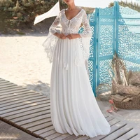 merdelan chiffon v neck long sleeve bridal dress sweep train lace open back bohemian boho beach wedding dress gown