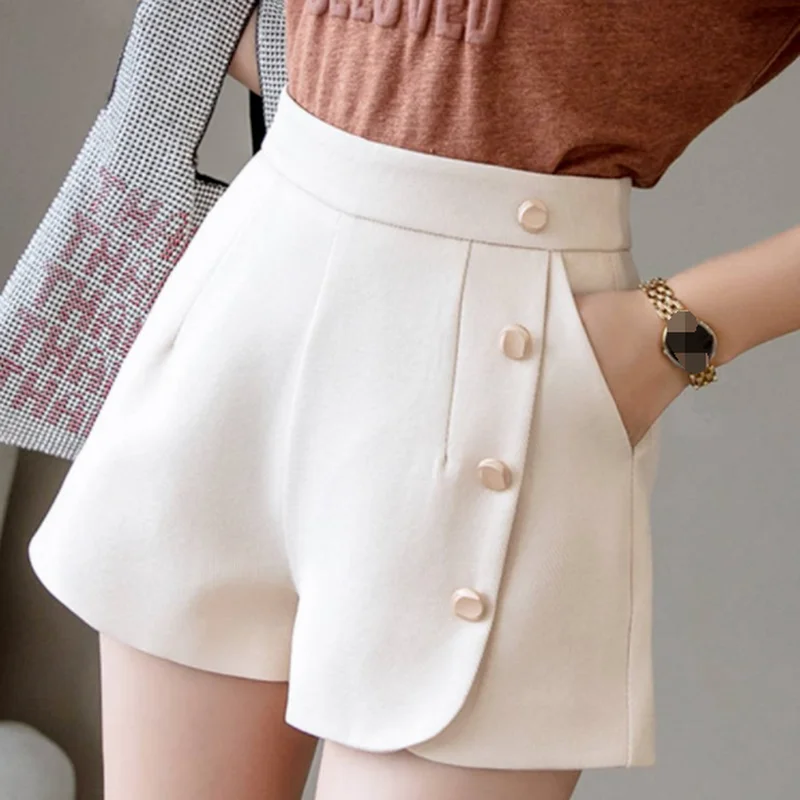 Women Summer High Waist Buttons Chiffon Shorts Patchwork Zipper Black White Office Lady Work Wear Female Elegant Shorts Loose