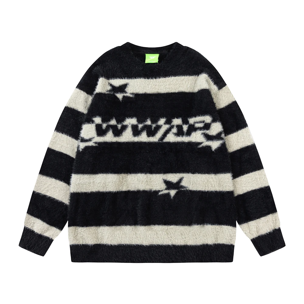 

Женский и мужской шерстяной свитер в полоску, вязаный пуловер оверсайз в стиле пэчворк, Y2k