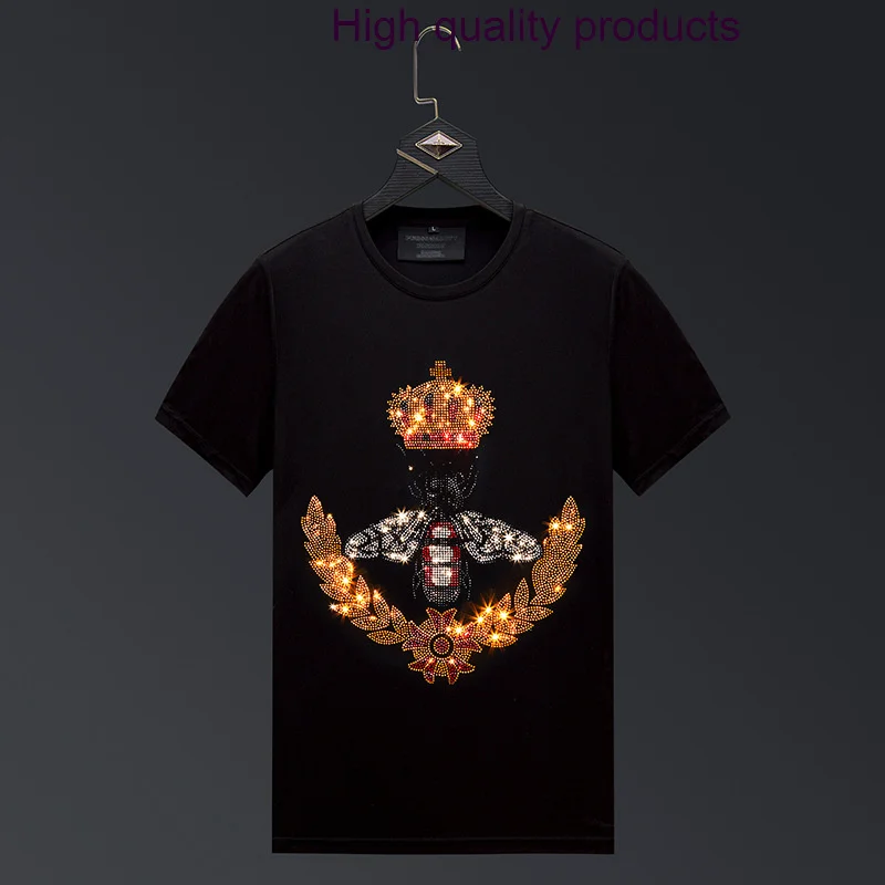 

Size Plus 2023 Bee Crown Rhinestones T Shirts Men High Quality Top Streetwear O Neck Slim Short Sleeve Tshirts Camisetas Hombre