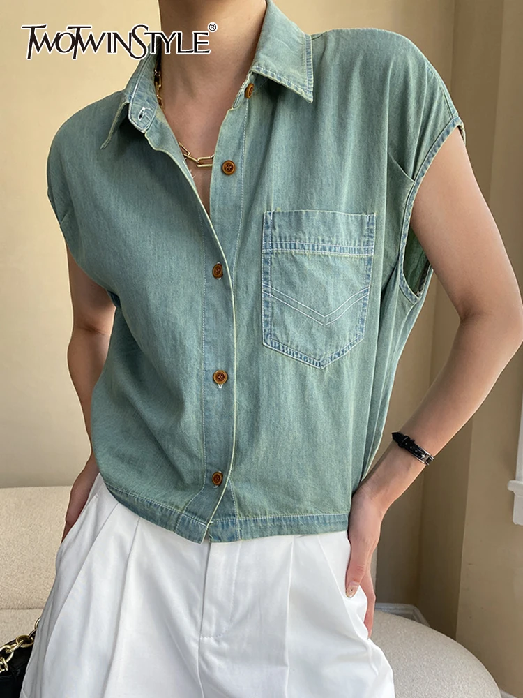 

TWOTWINSTYLE Casual Denim Blouses For Women Lapel Garment Sleeves Patchwork Button Temperament Shirts Female Fashion Clothing