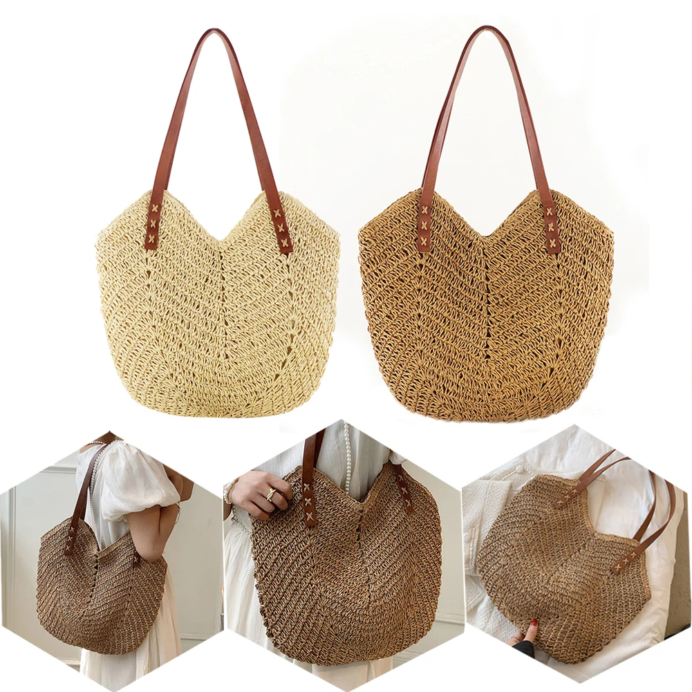 

Summer Straw Bags for Women Handbags 2023 Straw Bucket Shoulder Bags Rattan Woven Top Handle Bag Hollow Raffia Crochet Beach Bag