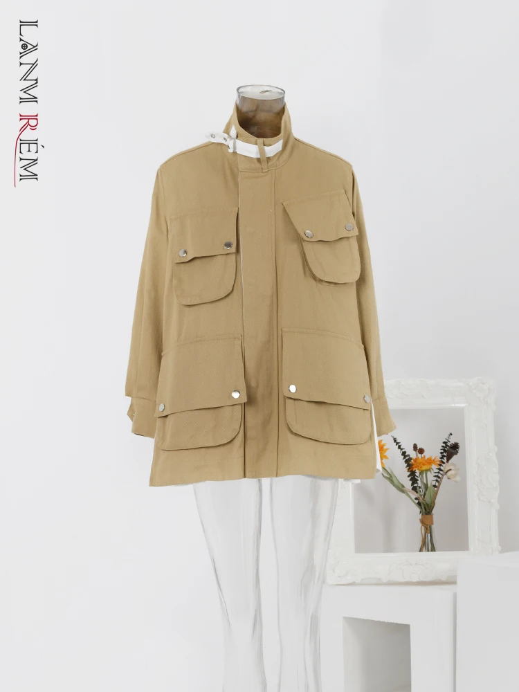

LANMREM Vintage Patchwork Design Windbreaker Women Stand Collar Pockets Spliced Loose Trench Fashion 2024 Spring New 2C720