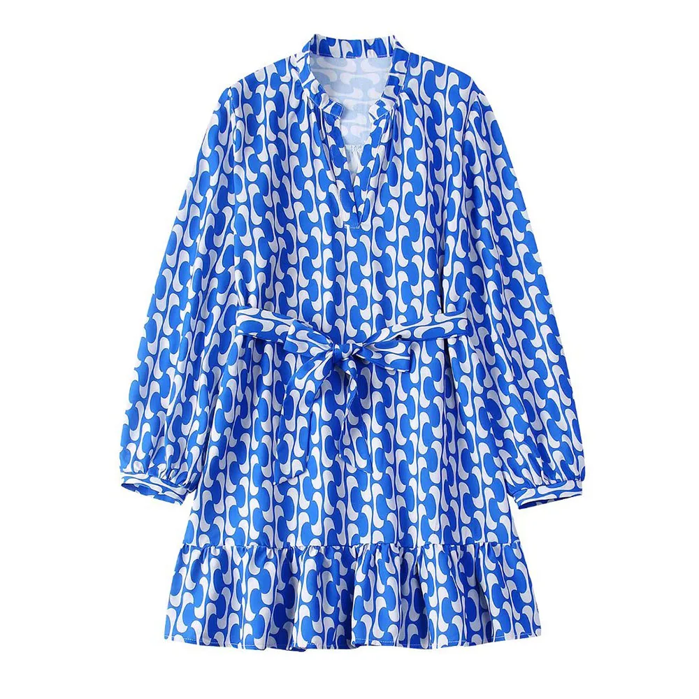 

ZATRHMBM Женская одежда с цветочным принтом, повседневное женское платье с длинными рукавами, мини-юбка с поясом, аксессуары, платья с V-образным...