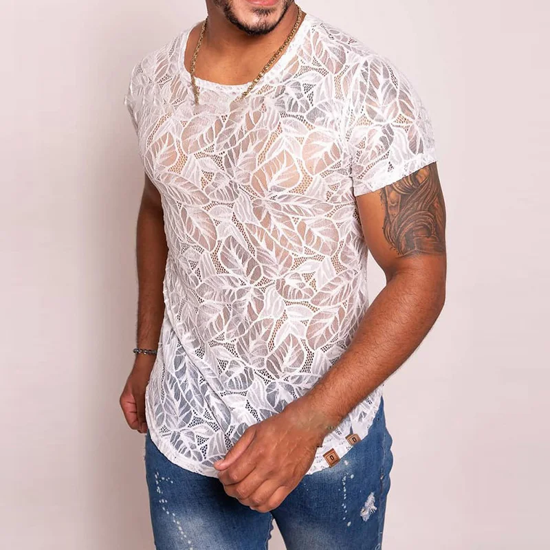 

Vintage Jacquard Print Short Sleeve O Neck Pullover Mens Fashion T-shirt Streetwear 2022 Summer Men Sexy See Through Slim Tops