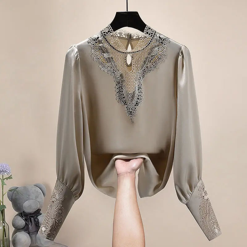 2022 new  lace shirt puff sleeves  acetate satin chiffon top  blusas de mujer  ladies tops  vintage  Chiffon  Regular  WOMEN