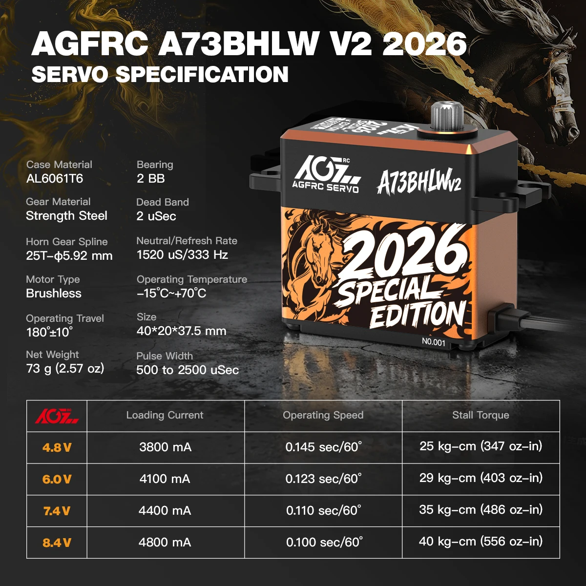 Фото AGFRC A73BHLW V2 2026 Special Edition HV 40 кг 0,10 с Высокомощный бесщеточный водонепроницаемый цифровой сервопривод с превосходным крутящим моментом для радиоуправляемых моделей №2