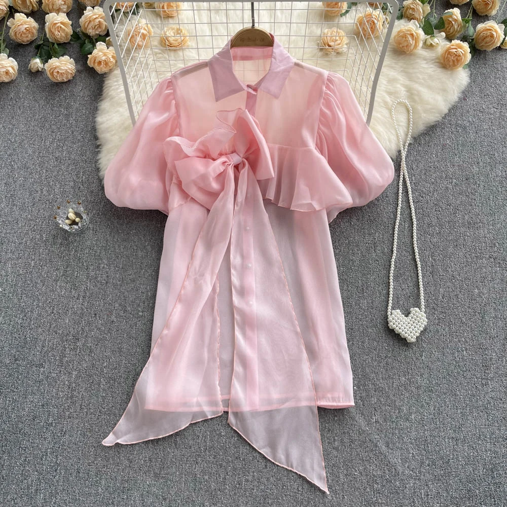 

Sweet Fashion Bow Perspective Screen Shirt Women New Lapel Short Sleeve Loose Solid Color Tops Blouse Camisas Para Mujer G859