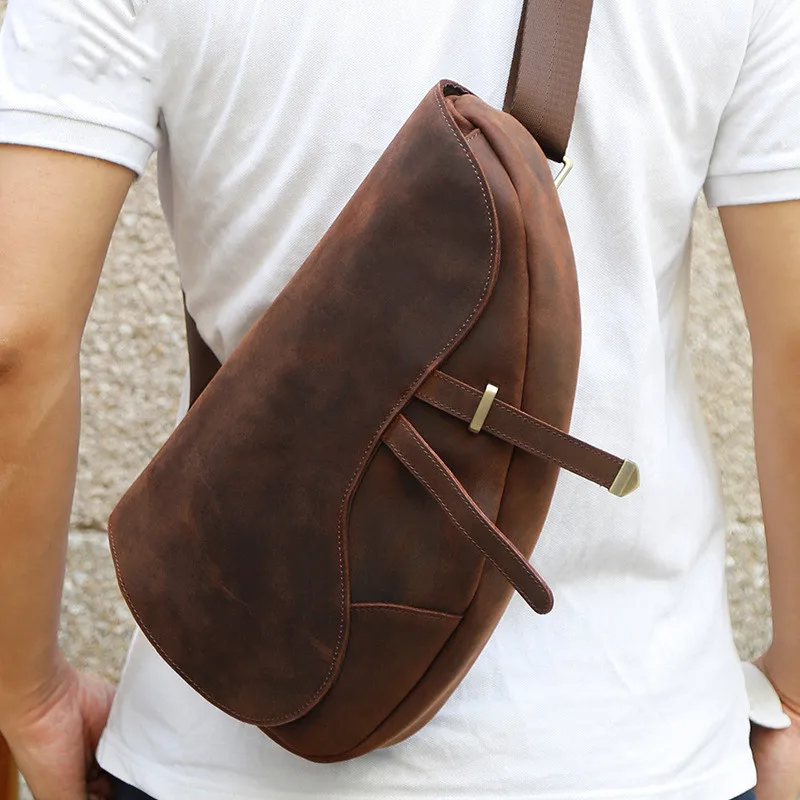 Men's Bag Genuine Leather Chest Bag vintage saddle bag with outdoor casual breast bag for men