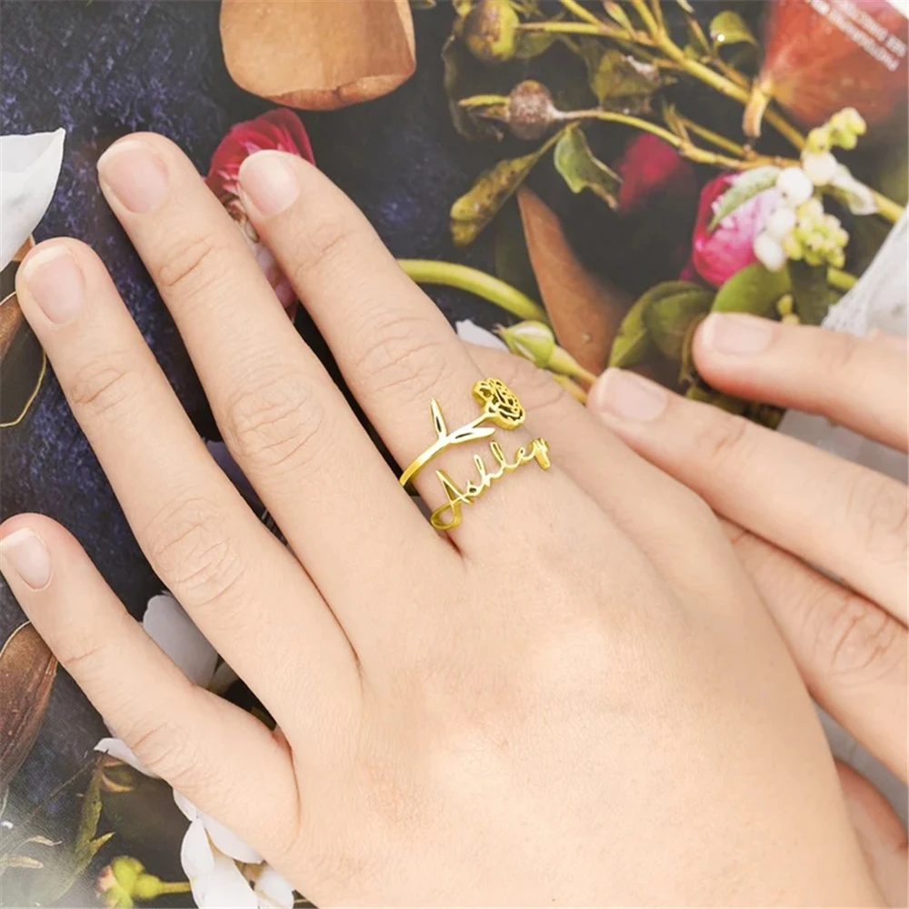 

Personalized Ring Birth Flower Name Ring Birth Month Flower Customized Adjustable Rings For Women Birthday Party Gift Jewelry