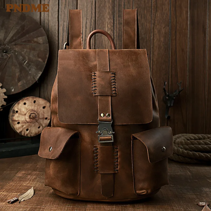 Vintage crazy horse cowhide men's travel backpack fashion design natural genuine leather daily outdoor brown computer bagpack