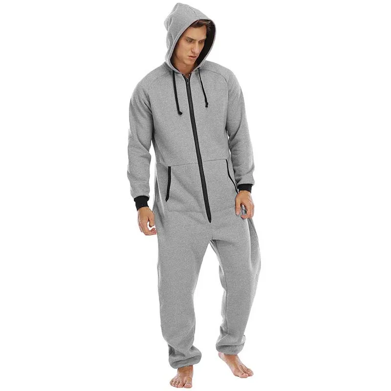 3 Colors Men Fall Warm Sleeping Jumpsuit Solid Color Hooded Long Sleeves Zip-Up Romper with Pocket for Home Loungewear Sleepwear