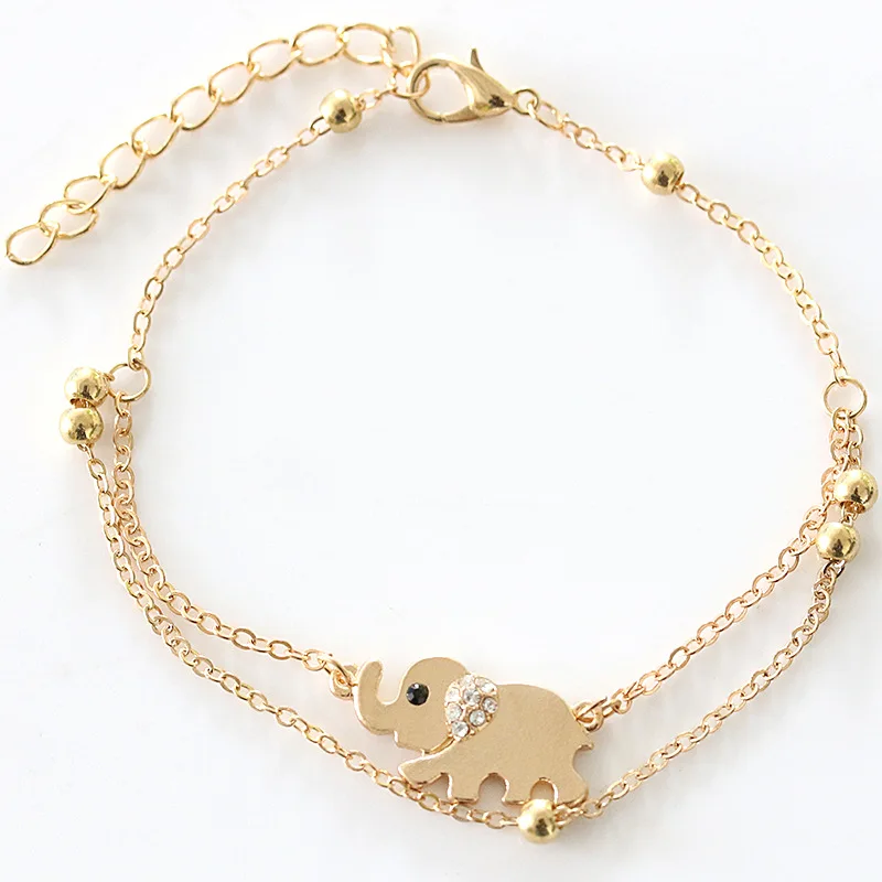 

S2929 Fashion Jewelry Elephant Pendant Anklet Women Double Layer Beach Chain Anklets