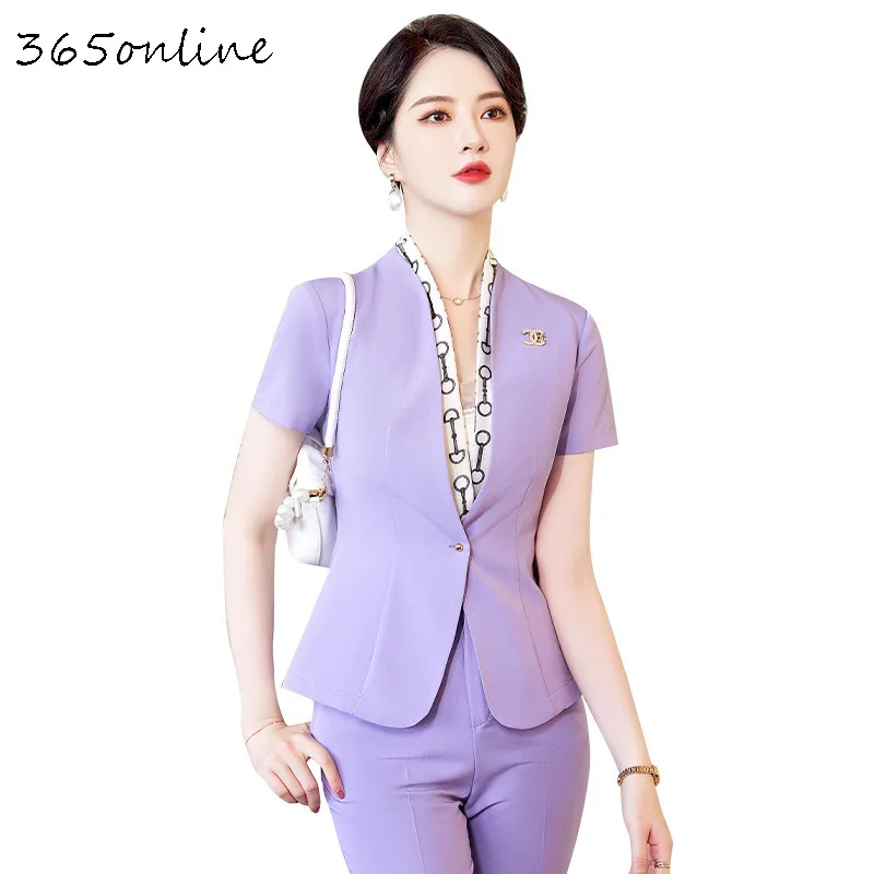 Purple Summer Short Sleeve Women Business Suits with 2 Piece Set Pants and Tops Blaser Office Work Wear Professional Blazers Set