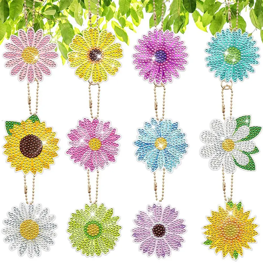 

12pcs Sunflower Daisy Diamond Painting Set Double Sided Diamond Key Rings Home Decor For Bag Purse Handbag