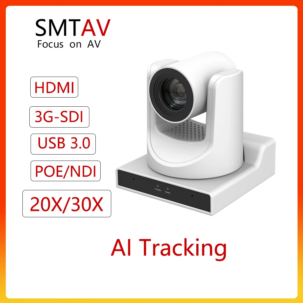 PTZ-камера SMTAV с ИИ-отслеживанием, NDI POE, оптический зум 20X/30X, HDMI/SDI/USB3.0/IP-выходы для проведения встреч, церковных мероприятий, обучения