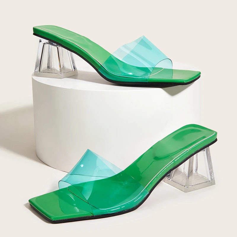 

2022 Summer New Brand Women Slipper Fashion PVC Transparent Slip On Peep Toe Ladies Sandal Shoes Crystal Square Low Heel Slides