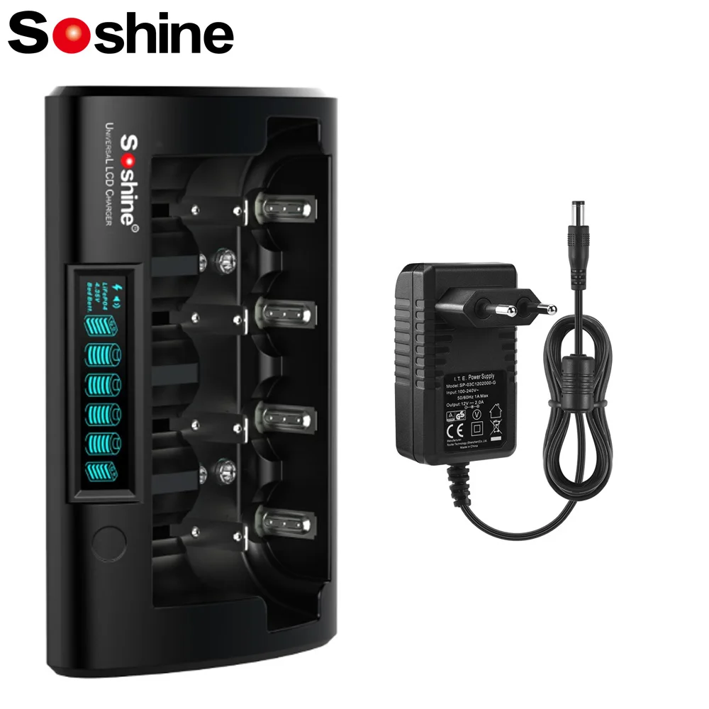 

Soshine LCD Universal Charger Ni-MH Li-ion LiFePO4 18650 26650 32650 10440 14500 18500 21700 32700 9V AAA AA C D Battery Charger