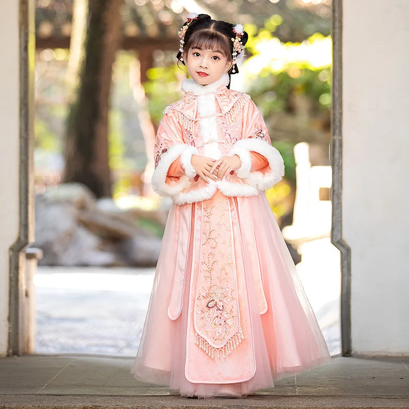 Зимнее теплое платье Hanfu для девочек с вышивкой в стиле ретро традиционное