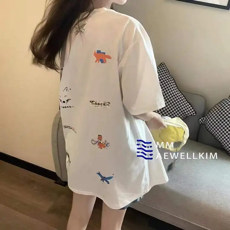 

Ader summer back full printed fox cartoon round neck short sleeve unisex high street niche couple T-shirt half sleeve