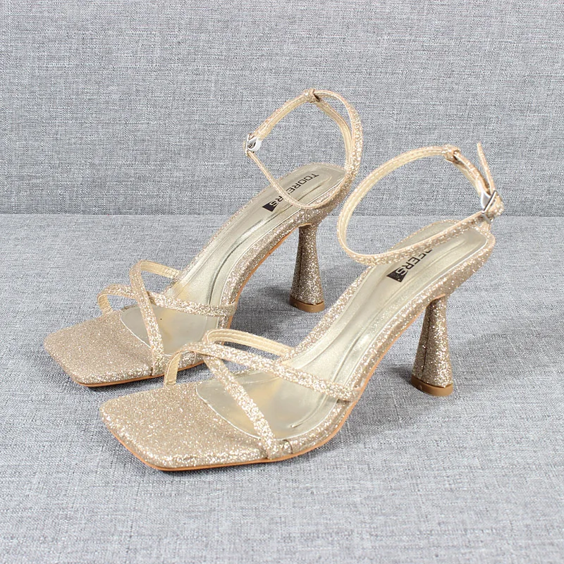 

Women's Shoes 2022 Summer Trendy Sequin Cloth Cross Strap Buckle High Heels Sexy Banquet High Heel Women's Sandals 9CM