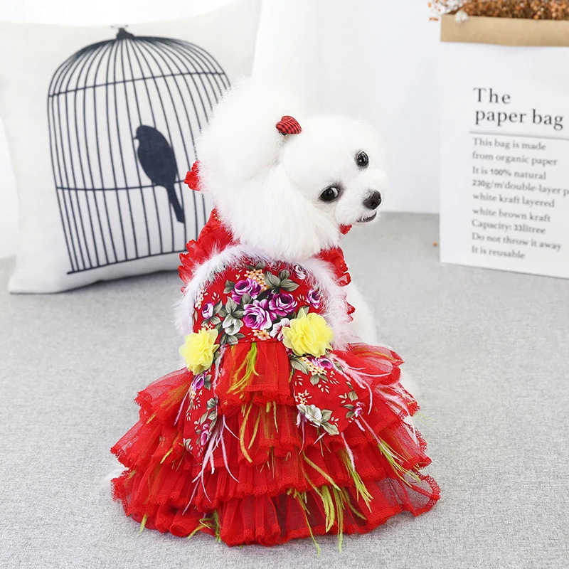 

2022 Pet Clothes Velvet Dog Wedding Dress Thicken Chinese Style Tang Suit for Dog S-XXL Pet Dress Yorkie Corgi Teddy Clothing