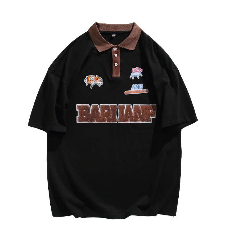 

American College Style T-shirts Plus Size Mens Short Sleeve Turn-down Collar Tops 2023 Hip Hop Streetwear Male Loose Tee Shirts