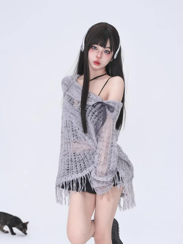 

Gray Bow Off Shoulder Sweaters2023 Autumn New Loose Tassel Tops Women Y2k E-Girl Long Sleeve Hollow Out Knitted Pullover