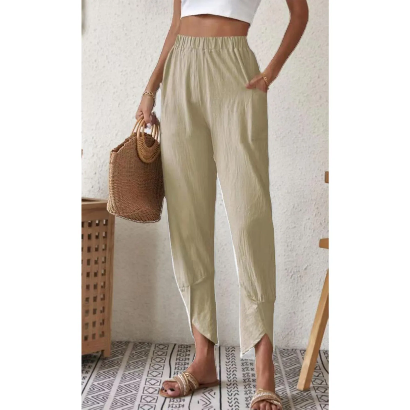 

Elastic Solid Women Pockets Long Pants Waist Casual Loose Trousers Pants Pants