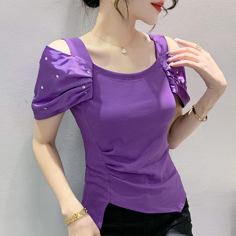 

Summer Clothing New Hot Drilling T shirt Fashion Pleated Sleeve Off Shoulder Tops Slim Patchwork Women Shirt