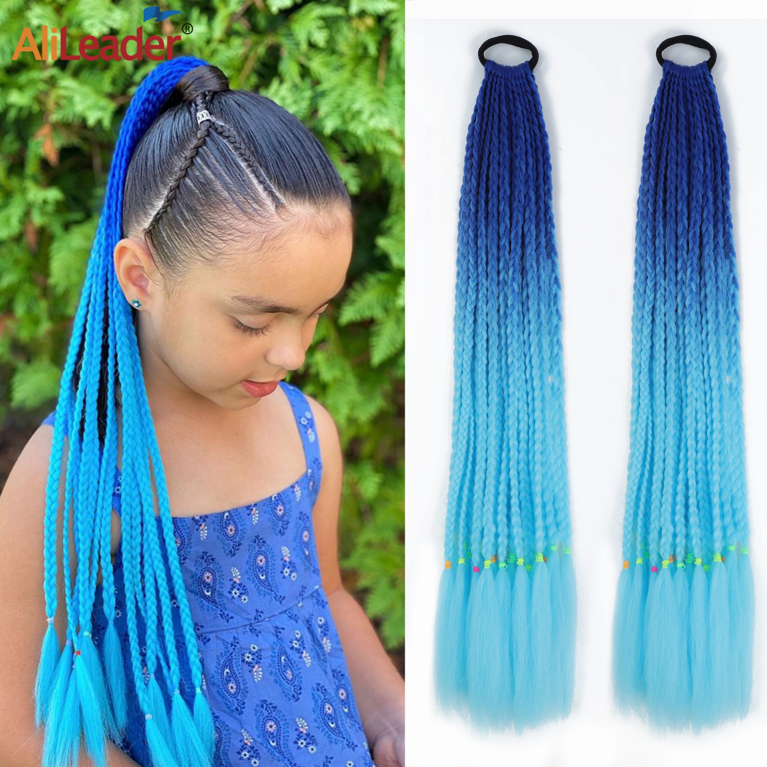 

Synthetic Rubber Band Twist Braids Ponytail Rainbow Fake Hairpiece Extension Box Braids Ponytail With Rubber Elastic Band 24Inch