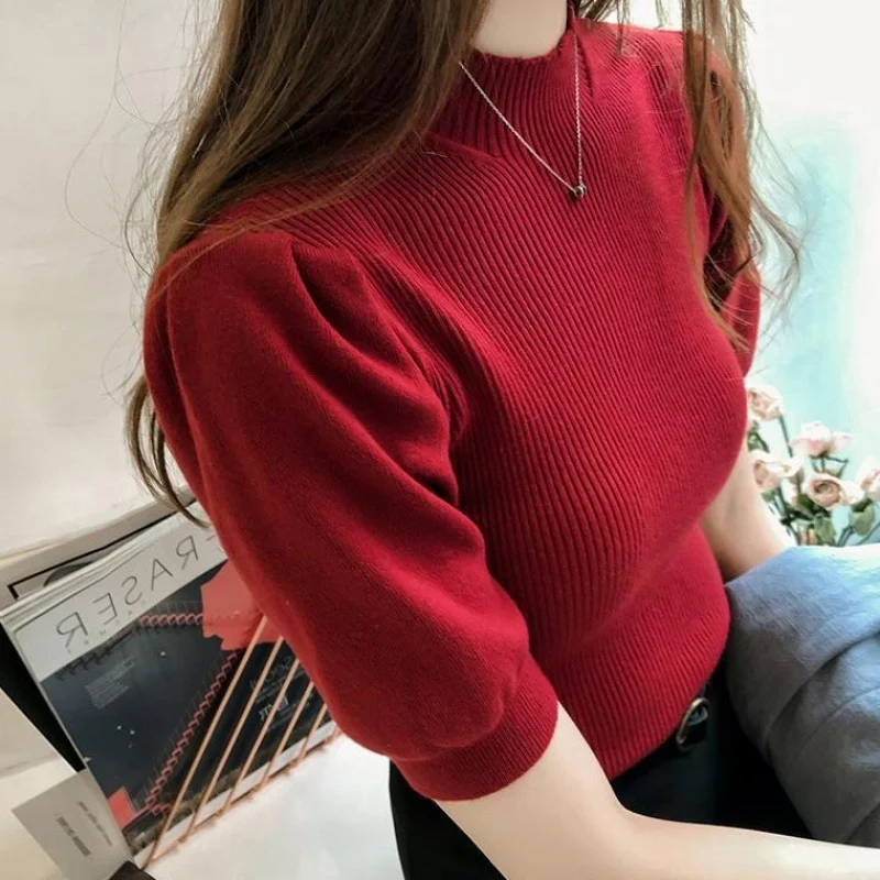 

Half Turtleneck Knitted T-shirts Tops Woman Slim Short Puff Sleeve Buttons Soft Solid Autumn T-shirt Tee Female Ropa Mujer
