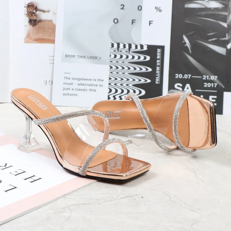 Women's High Heel Sandals 2022 Summer New Rhinestone Belt Transparent Horseshoe Heel Slippers Fashion Party Women Sandals 7.5CM