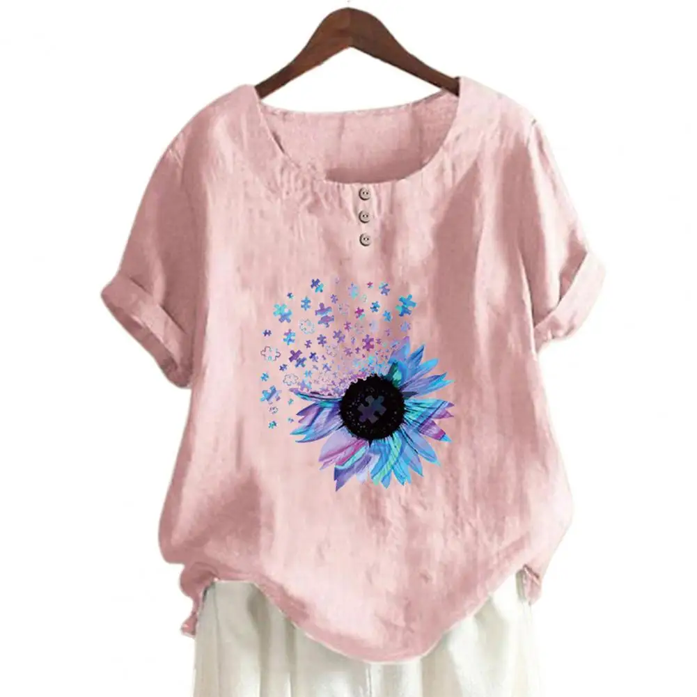 

Shirt Womens Blouse Vintage Short Sleeve Women Blouse Breathable Cotton Linen Machine Washable Floral Pattern Women Shirts Top