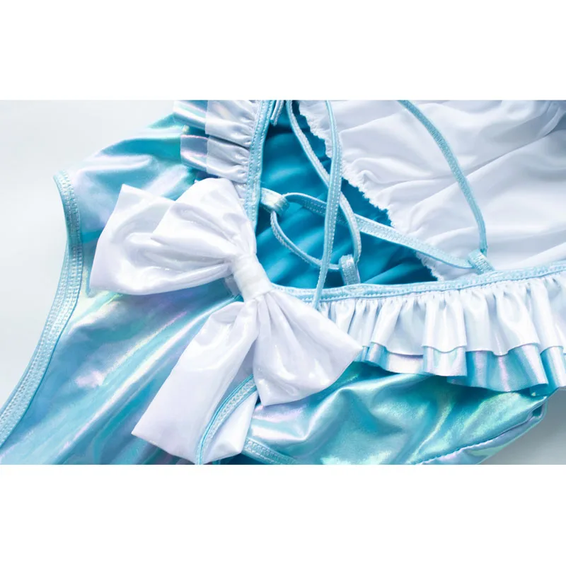 AniLV Shiny Girl Blue Laser One-piece Swimstuit Unifrom Women Anime Ruffles Bow Backless Bodysuit Swimwear Costumes Cosplay |