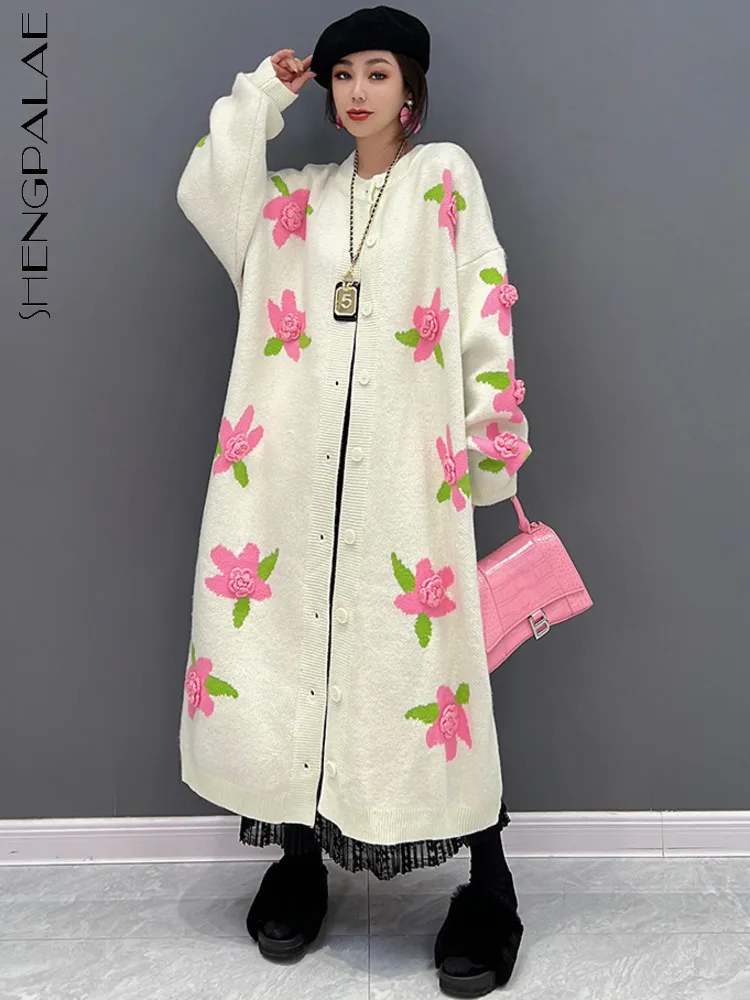 SHENGPALAE Women Flowers Cardigan Sweater Loose Mid-length Knitting Sweater Dress 2023 Spring Autumn Winter 5R1159