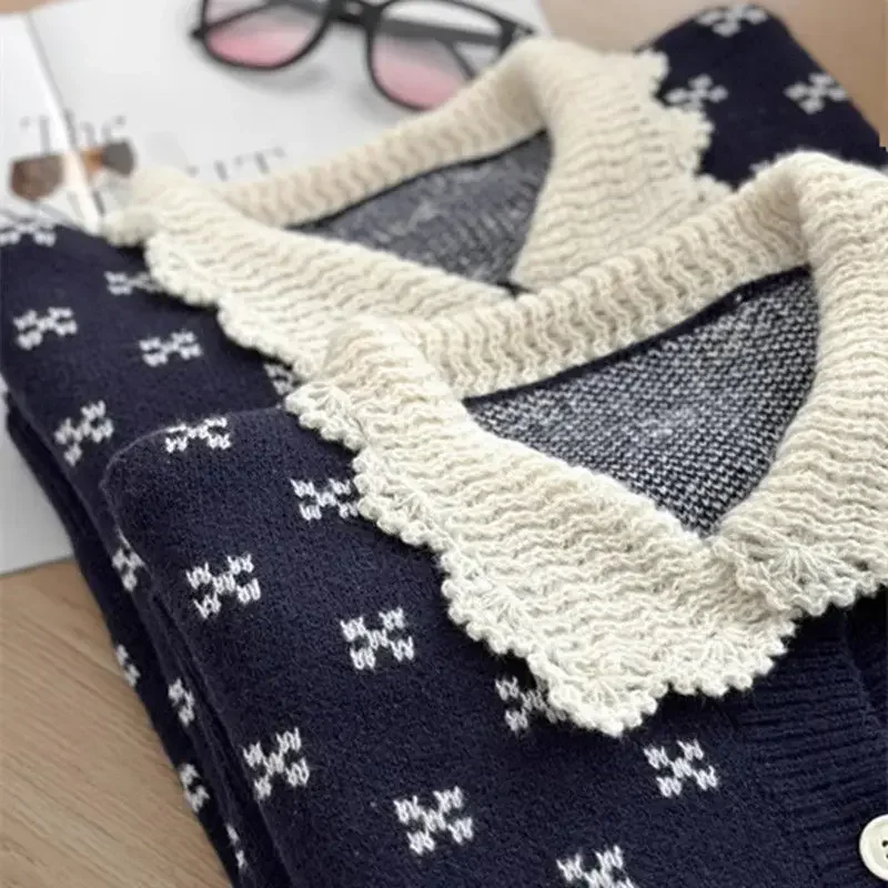 Корейский модный винтажный вязаный крючком лацкан темно-синий кардиган женский