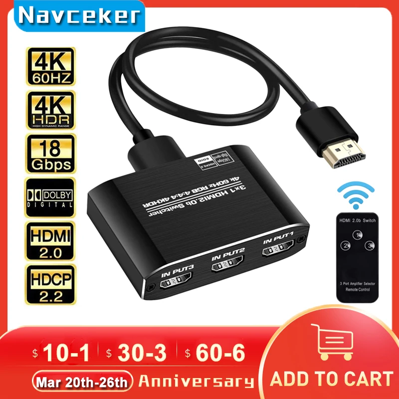 2022 Best 4K HDMI Switch 2.0 Support RGB 4:4:4 HDR HDMI Switch 4K 60Hz HDMI 2.0 Switch Remote IR UHD 4 Port HDMI Switch Switcher