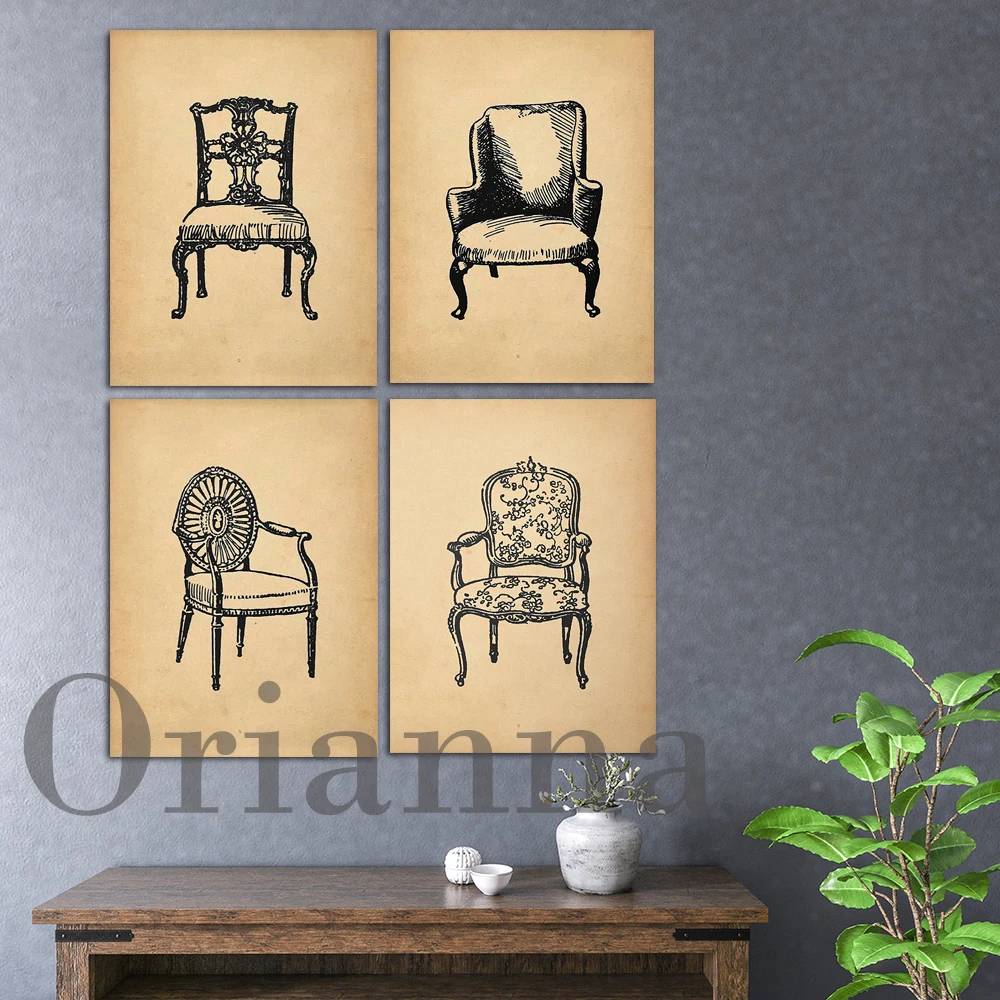 Poster Print Pretty Chippendale Style Chair Wall Art Old Vintage Carver Chair Living Room Bedroom Decor Painting