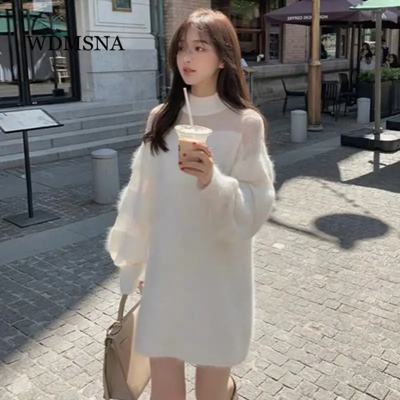 

WDMSNA Elegant Fashion Stitching Vestidos Half Turtleneck Sweater Dresses for Women Loose Casual Robe Long Sleeve Knitted Dress
