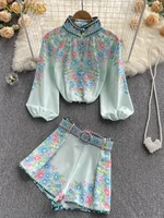 n girls casual two piece sets spring floral print shorts suit 34 sleeve shirts tops and shorts 2 piece set button shirt outfits