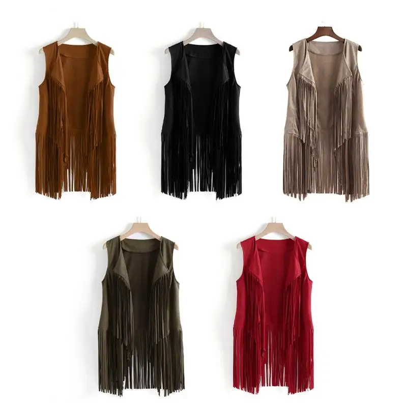 

Women Vest Sleeveless Leather Motorcycle Vest Tops Autumn Winter Imitation Ethnic Suede Tassels Fringed Vest Cycling Vests