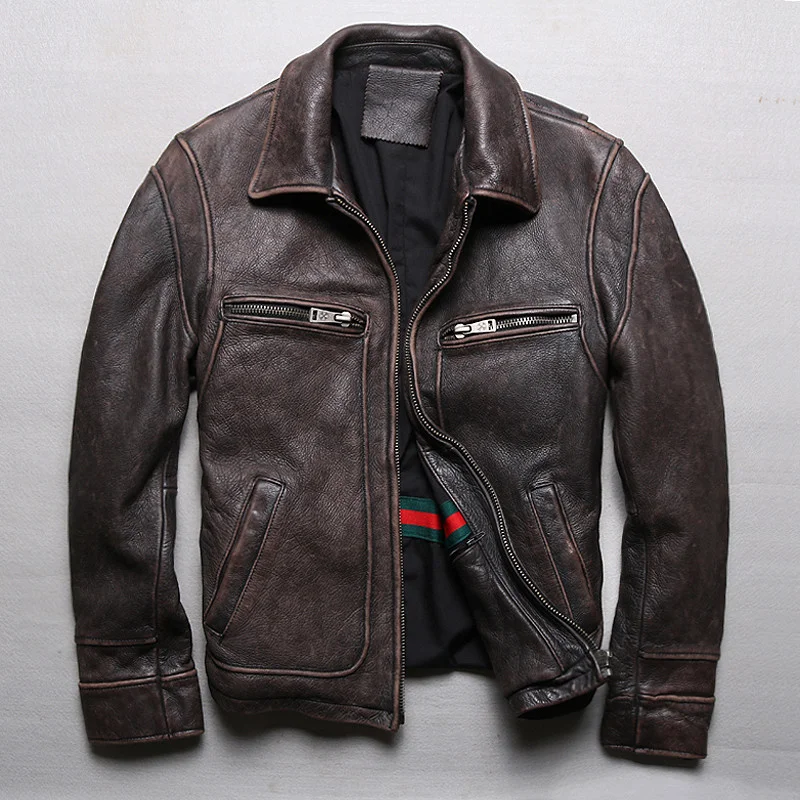 

Retro Brown Genuine Men's Leather Jacket Classic Vintage Motorcycle High Quality Thick Cowhide Coats Plus Size S-5XL