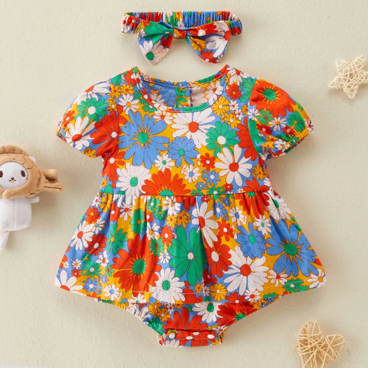 

Hibobi Baby Girl Sweet Floral Print Bodysuit Headband Two piece