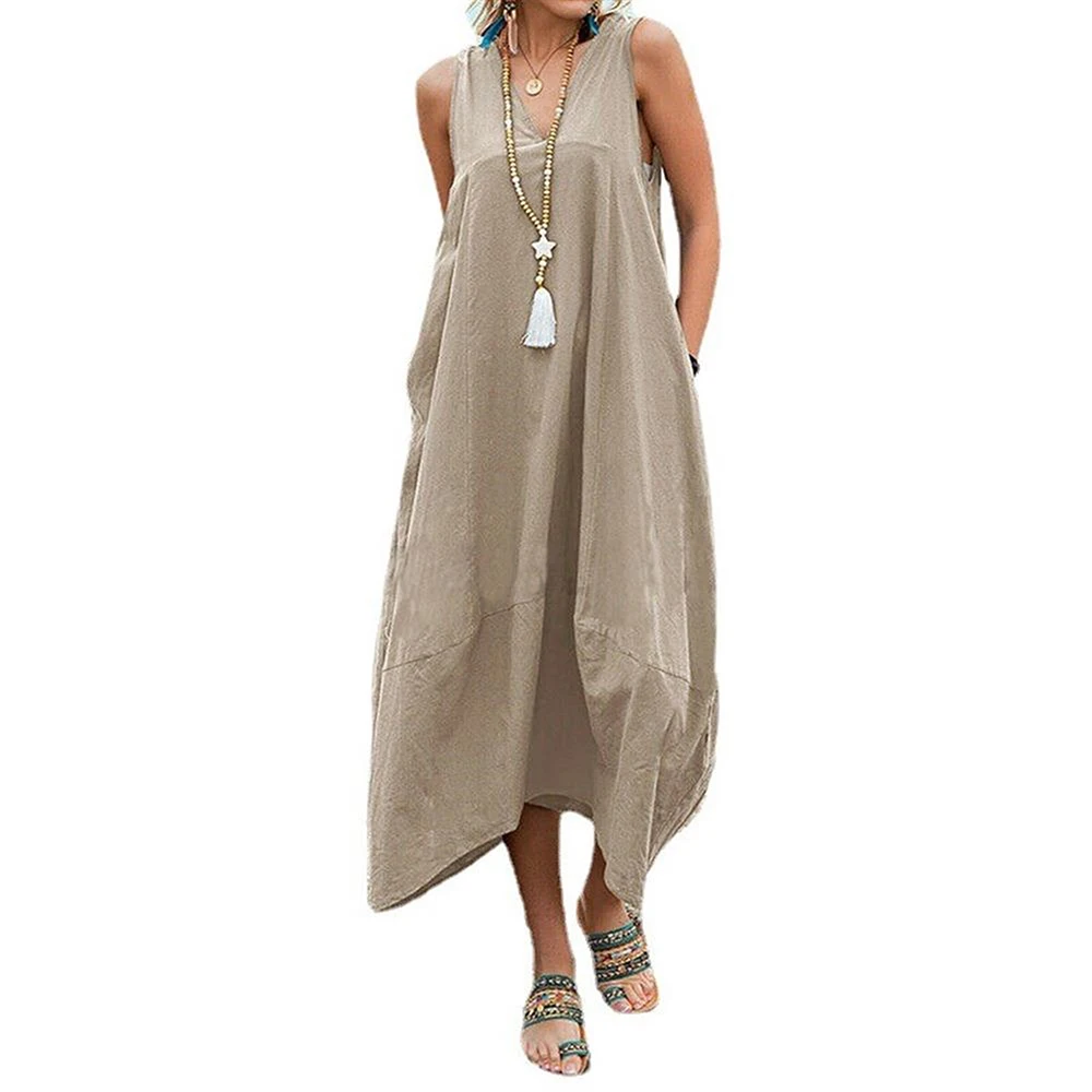 

Woman Dresss Back Bandage Sexy V Neck Loose Dresses Womens Clothes Summer Fashion Solid Color Pockets Sleeveless Dress for Women