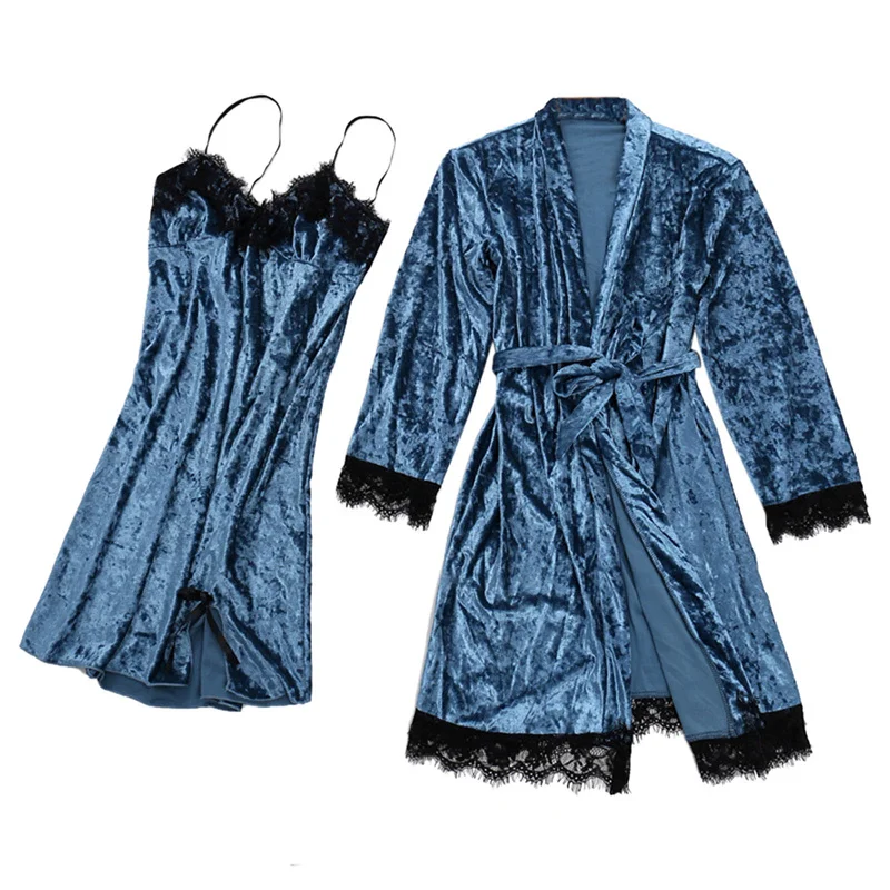 Women's Sleepwear 2 Pcs Sets Satin Silk Sleepwear Lace Robe Nightgown and Backless V-neck Sleep Dress Pajamas Set