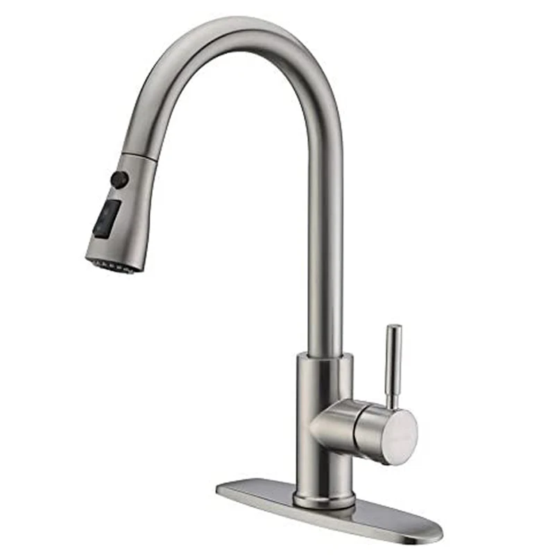 

Single Handle High Arc Brushed Nickel Pull Out Kitchen Faucet,Single Level Stainless Steel Kitchen Sink Faucets RY13