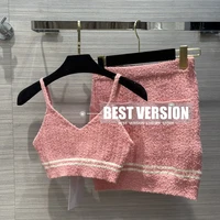 best version two piece set outfits for women luxury branded knitted pure wool logoed cropped top elastic waist sexy skirts s l